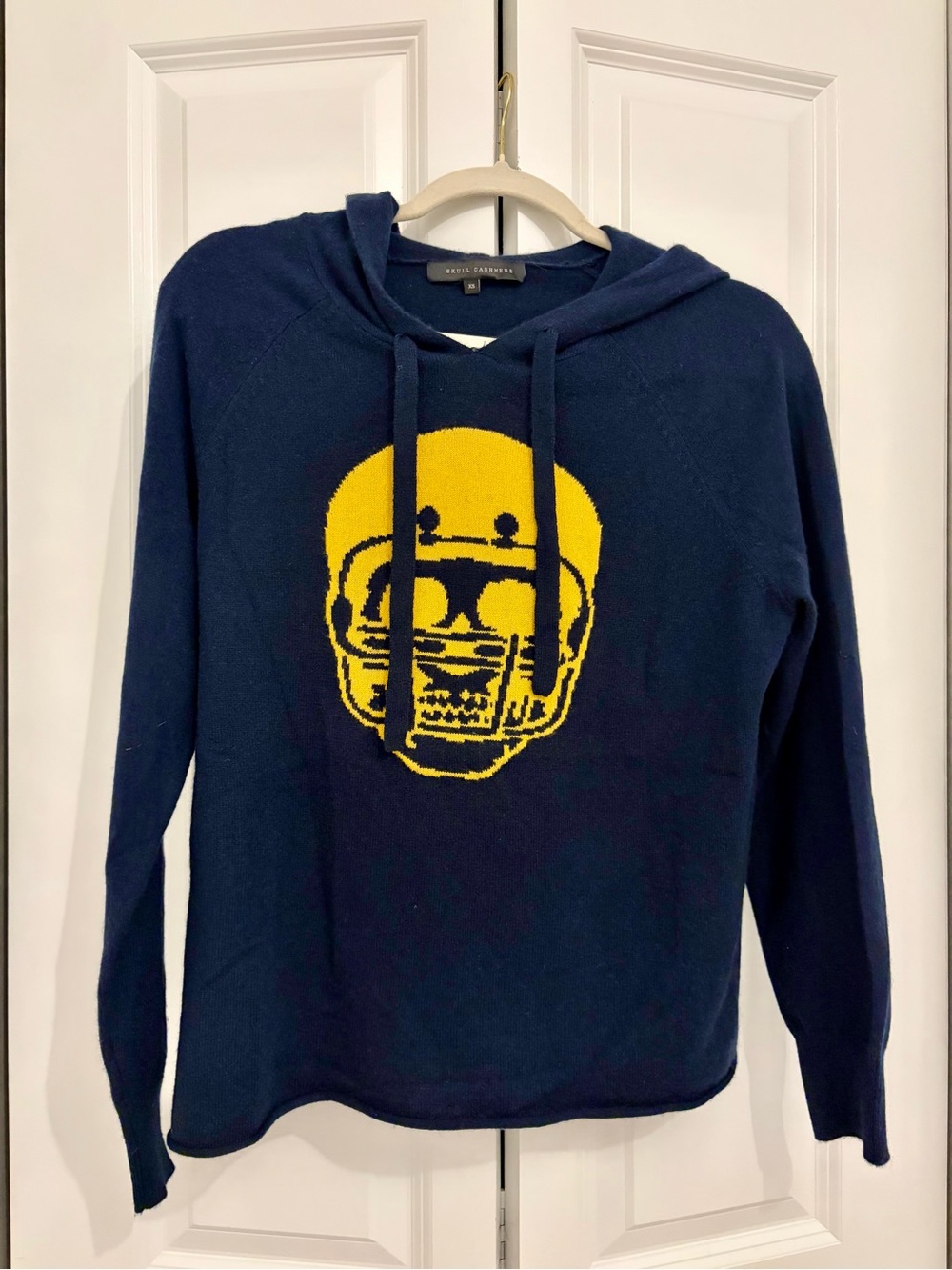 Skull Cashmere Navy Hoodie with Yellow Helmet Motif